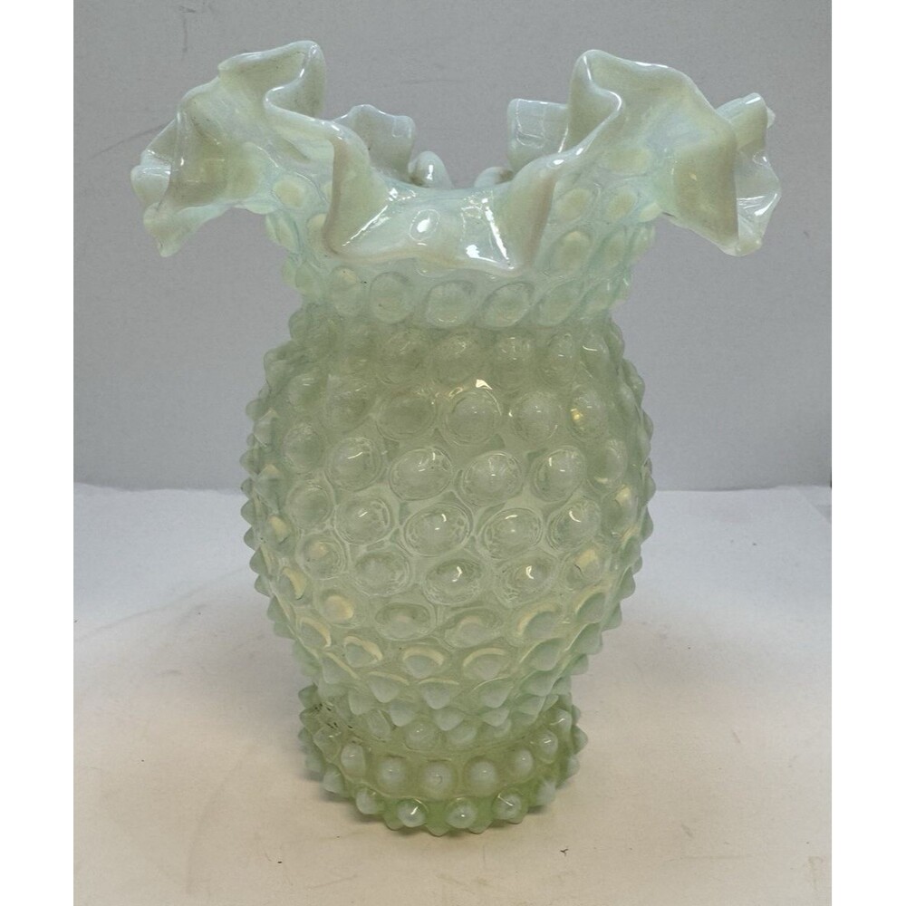 Uranium Fenton Hobnail- 6” Ruffled Flower Vase - Topaz Opalescent - Picture 4 of 6